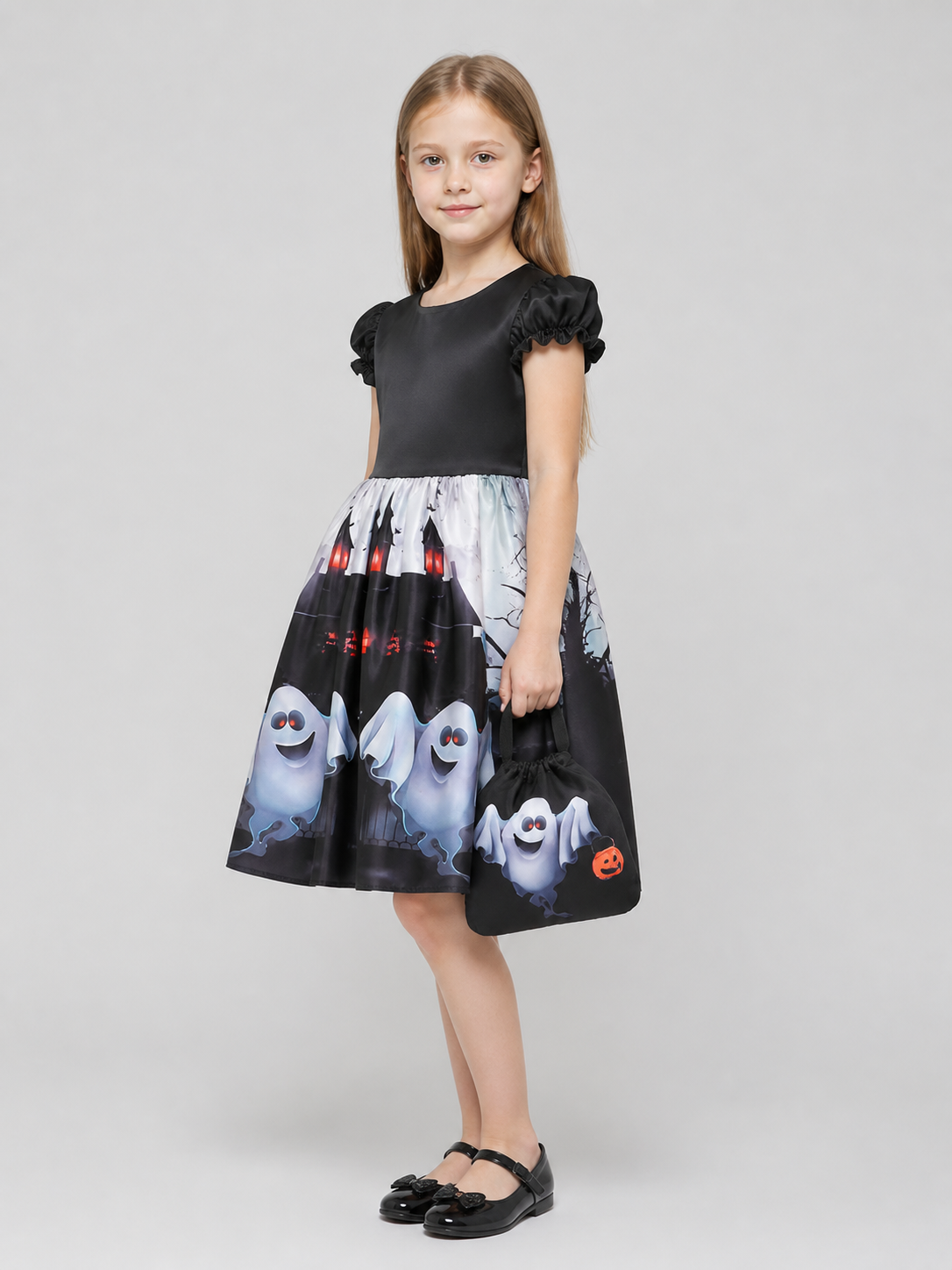 Halloween Printed Dress with Full Skirt and Handbag side view