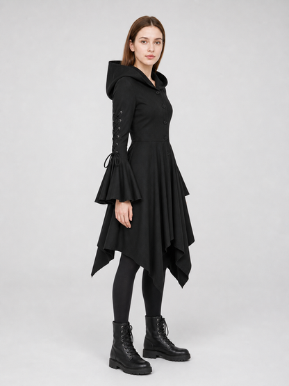Gothic Hooded Dress with an Asymmetrical Hem