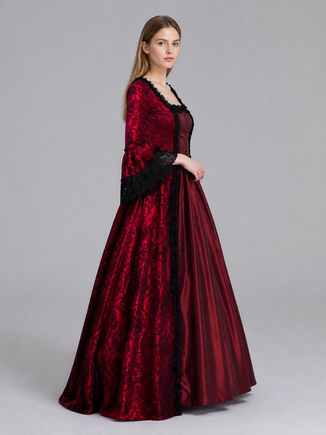 Long Burgundy Dress with Black Inserts side view