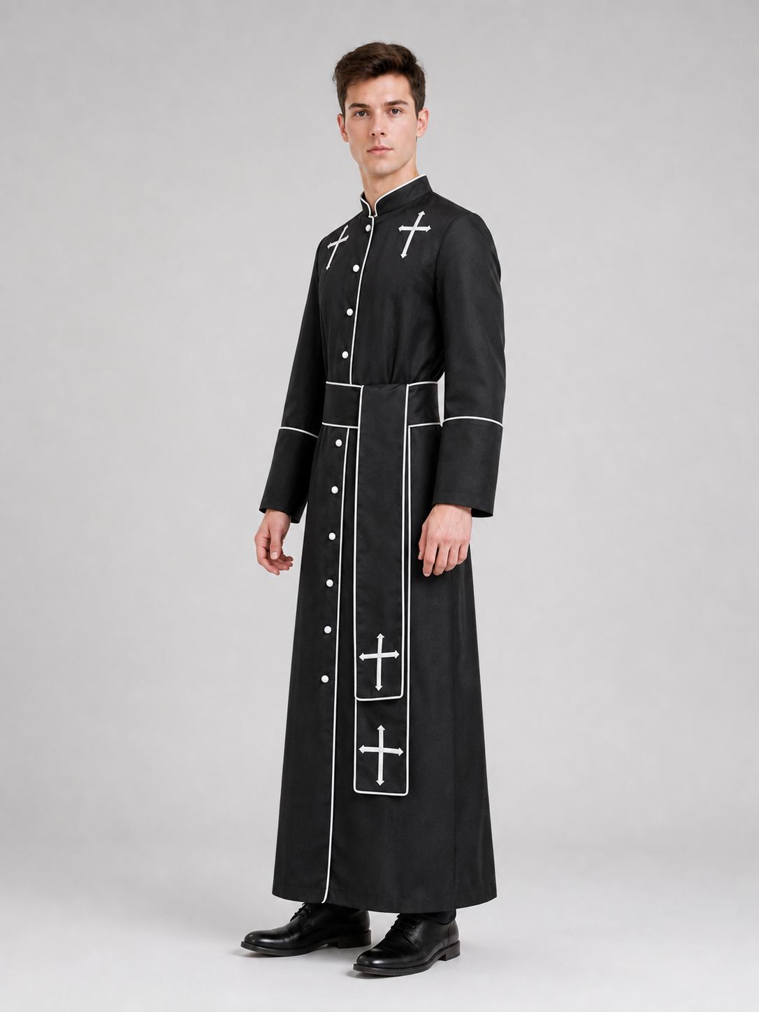 The model is designed in black and styled as a costume for cosplay, Halloween, and masquerades. It is a black cassock with a front featuring white buttons, a stand-up collar, and long sleeves. White crosses are placed on the garment: one is