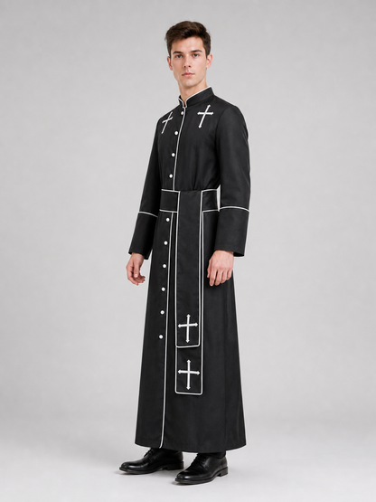 The model is designed in black and styled as a costume for cosplay, Halloween, and masquerades. It is a black cassock with a front featuring white buttons, a stand-up collar, and long sleeves. White crosses are placed on the garment: one is