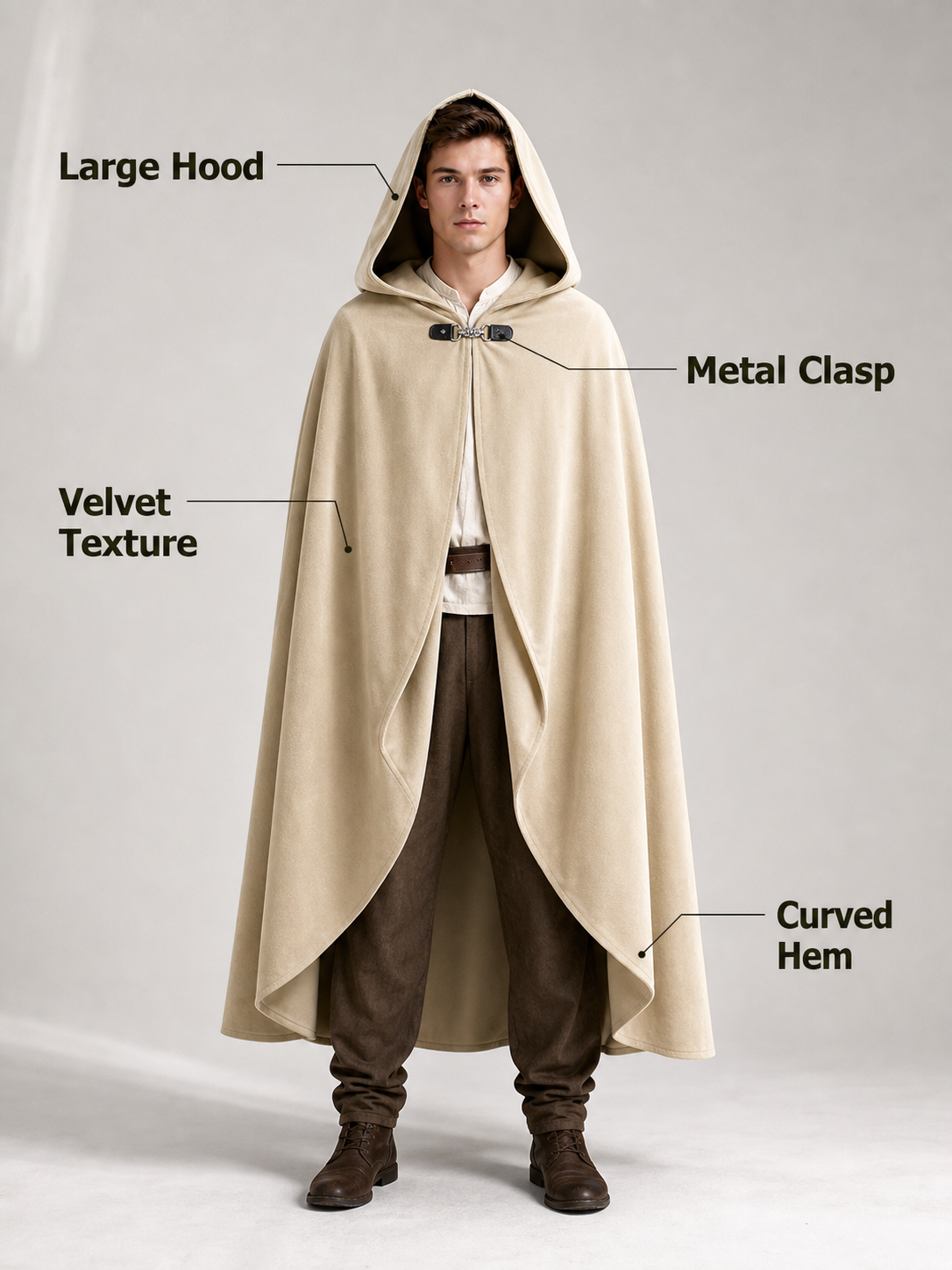 Medieval Hooded Cloak, Pointed Hood Full-Length Draped Cape in Khaki for Cosplay, Fantasy Costumes and Historical-Style Outdoor Outfits