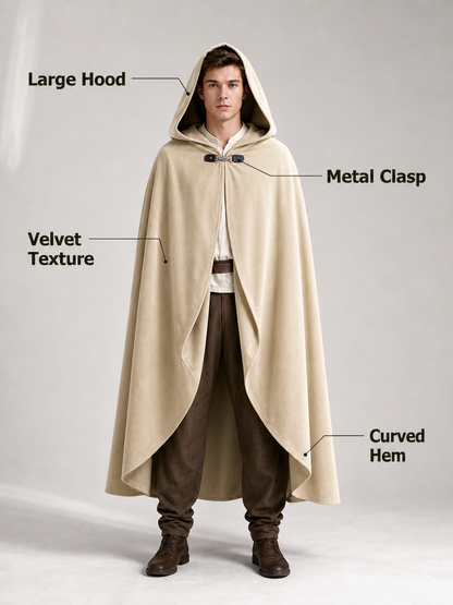 Medieval Hooded Cloak, Pointed Hood Full-Length Draped Cape in Khaki for Cosplay, Fantasy Costumes and Historical-Style Outdoor Outfits