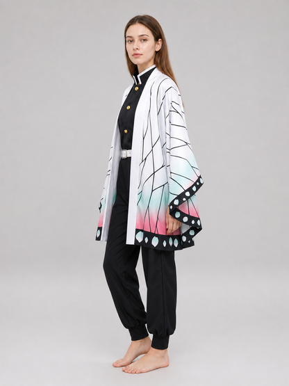 The set is designed in anime cosplay style and includes several pieces for creating a striking look. The main piece is a long white cloak with wide, loose-flowing sleeves. A graphic black pattern runs across the cloak, resembling branches o