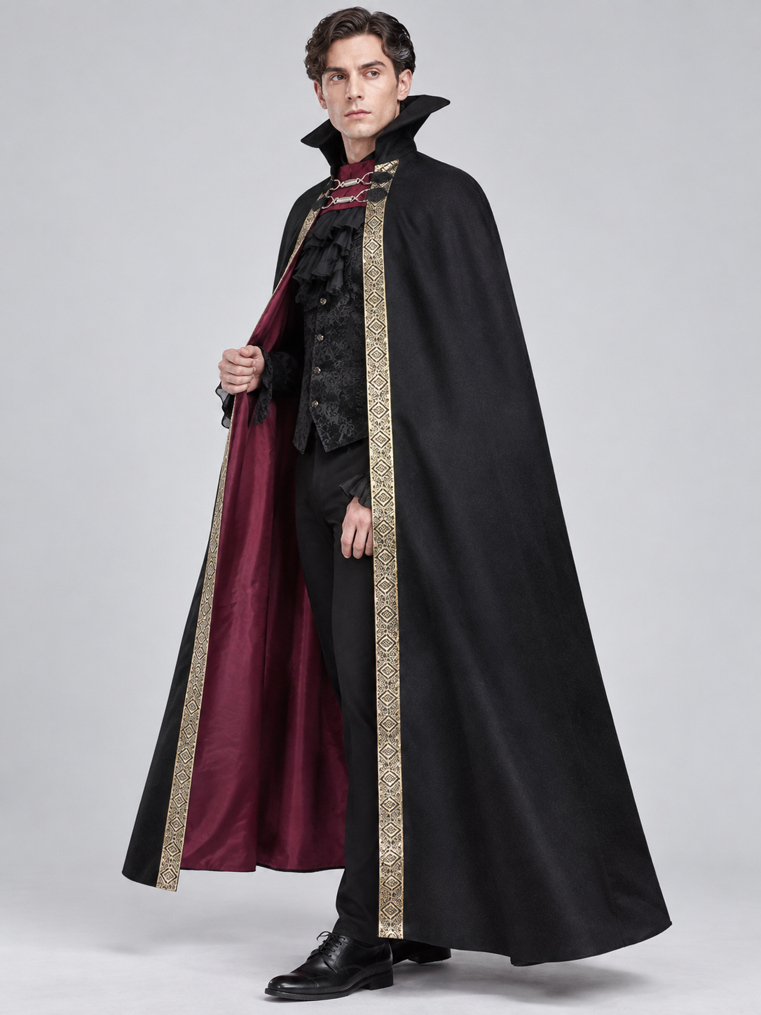 Long Black Cosplay Cloak with Burgundy Lining
