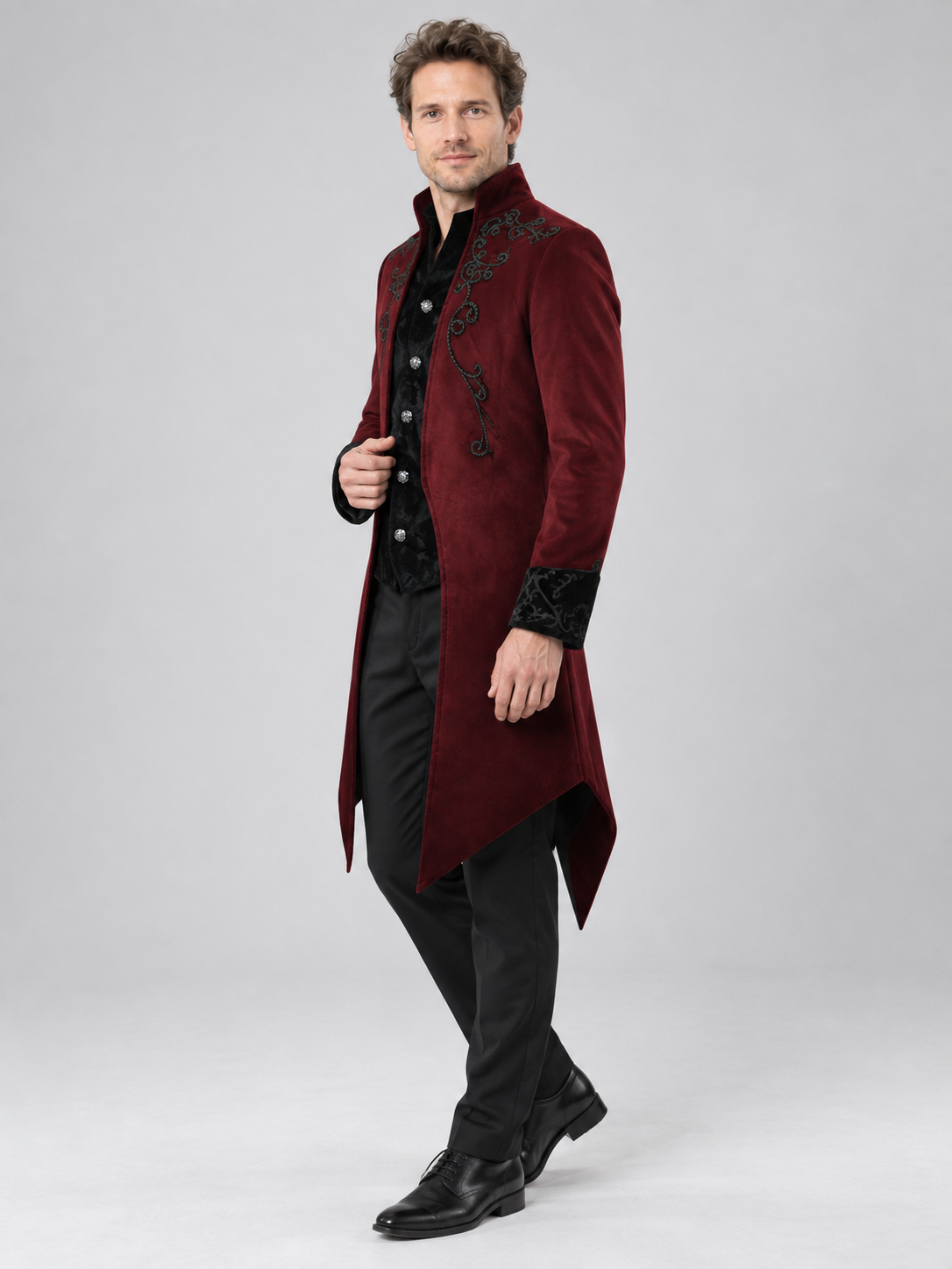 Burgundy Suede Tailcoat with Black Embroidery