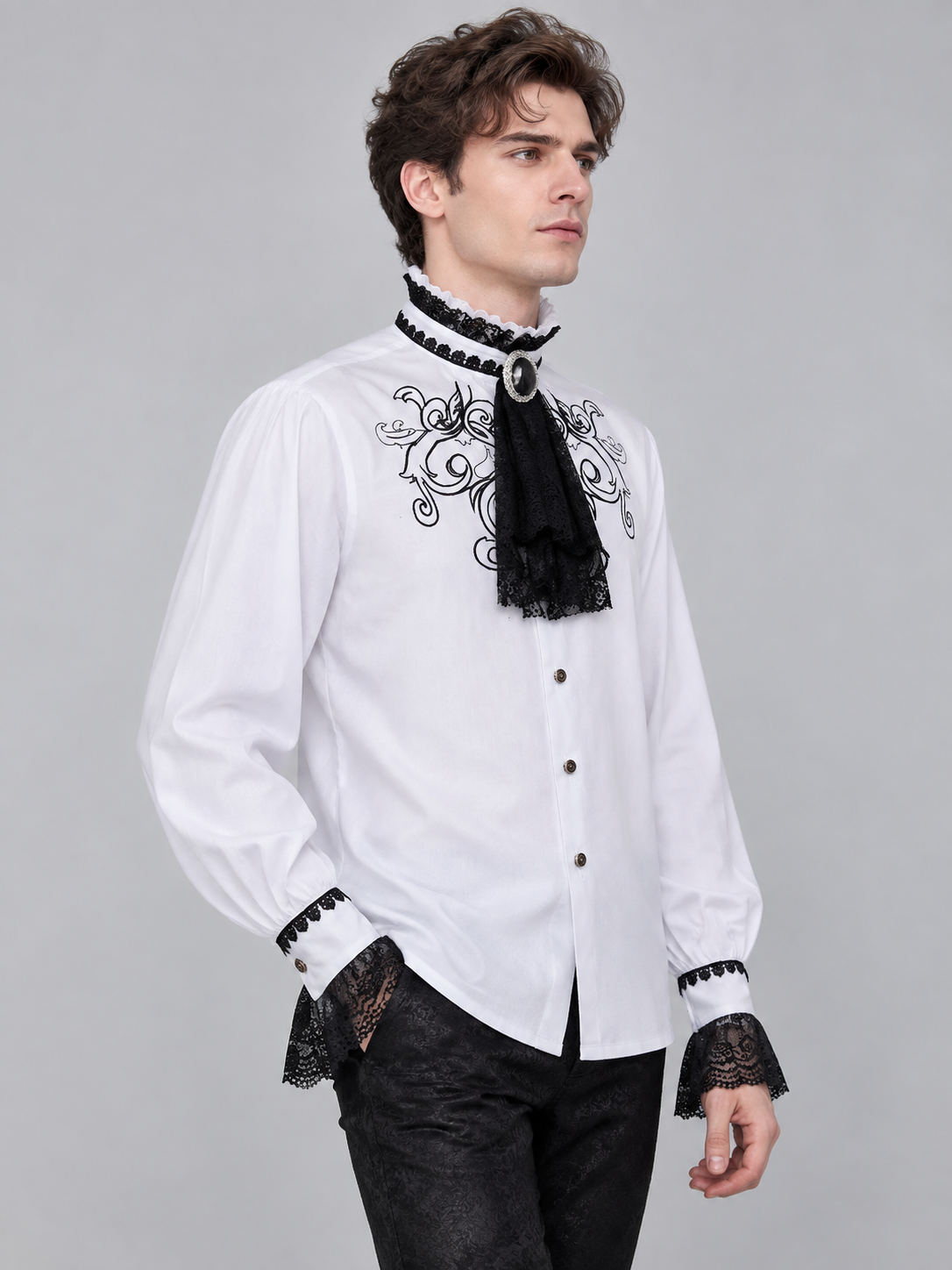 White Gothic-Style Shirt with Lace and Jabot