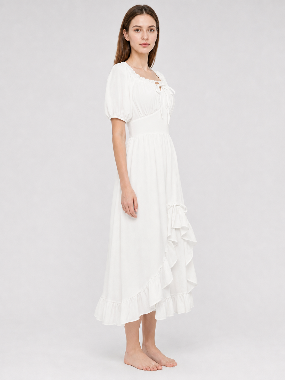 White Midi Dress with a Corset-Style Bodice and Ruffles