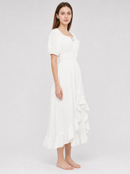 White Midi Dress with a Corset-Style Bodice and Ruffles
