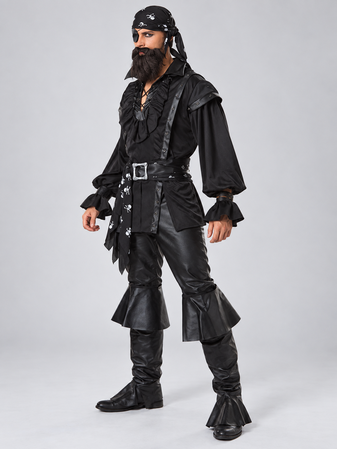 Black Pirate Costume with Beard, Eye Patch and Belt
