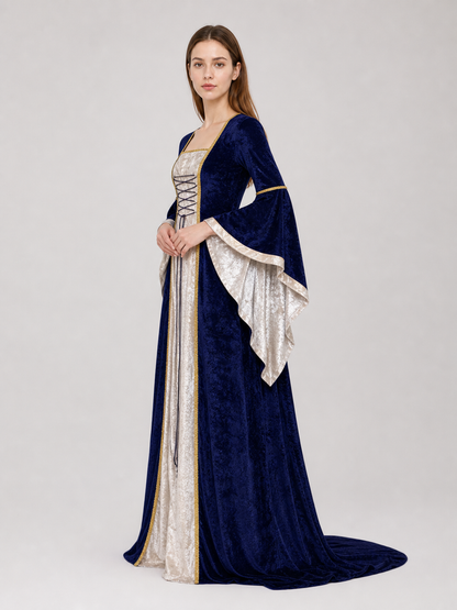 Gothic medieval-style dress made of textile fabric, featuring a floor-length design with a full skirt and flared sleeves. The sleeves are accented with tiered ruffles that emphasize the costume’s historical character. The main color is deep
