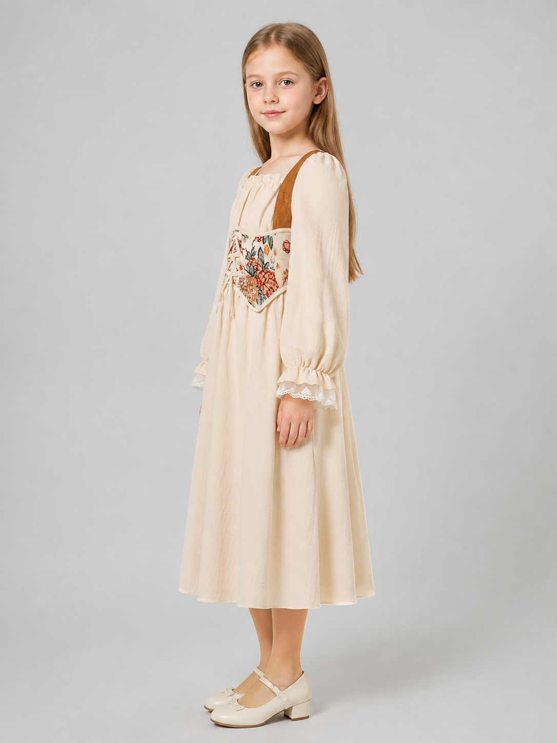 Girls’ Dress with Corset Panel and Puff Sleeves side view