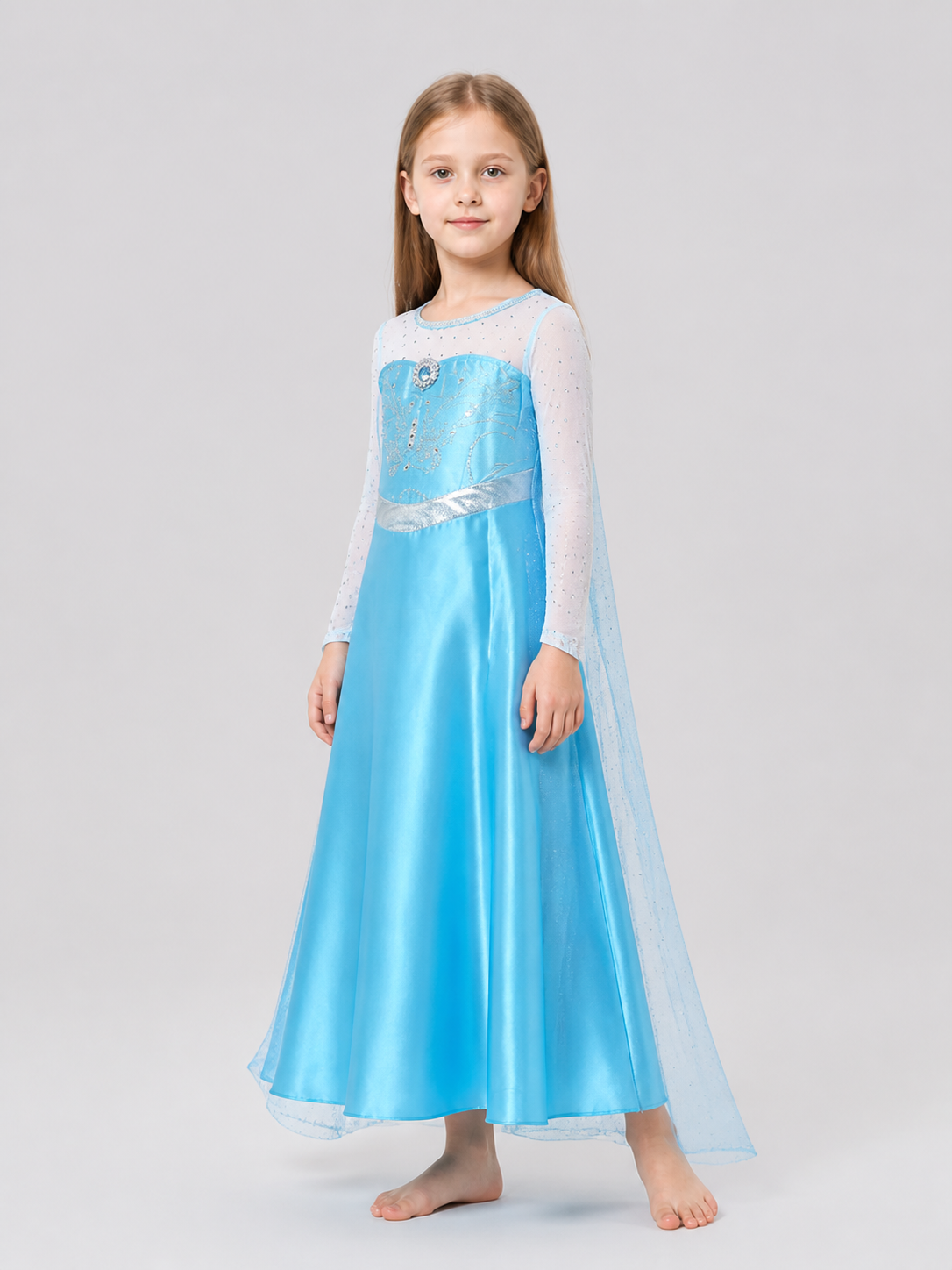 Elsa Anna Princess Dress with a Train and Silver Belt side view