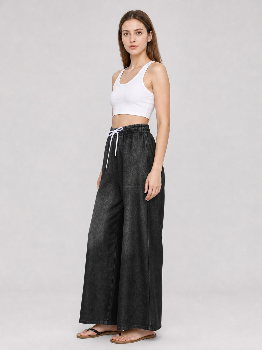 Solid Black Wide-Leg Pants with Elastic Waist and Contrast White Drawstrings side view 7