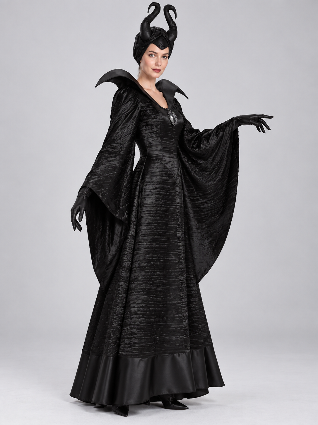 Maleficent Costume: Black Dress, Horns, Brooch