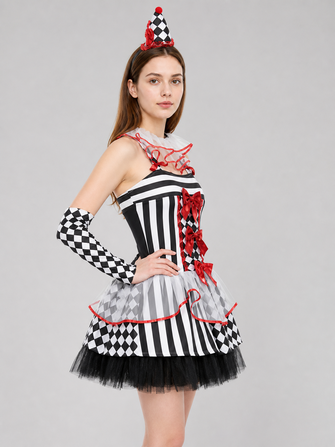 Clown Carnival Costume: Dress, Gloves, and Cap