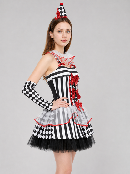 Clown Carnival Costume: Dress, Gloves, and Cap