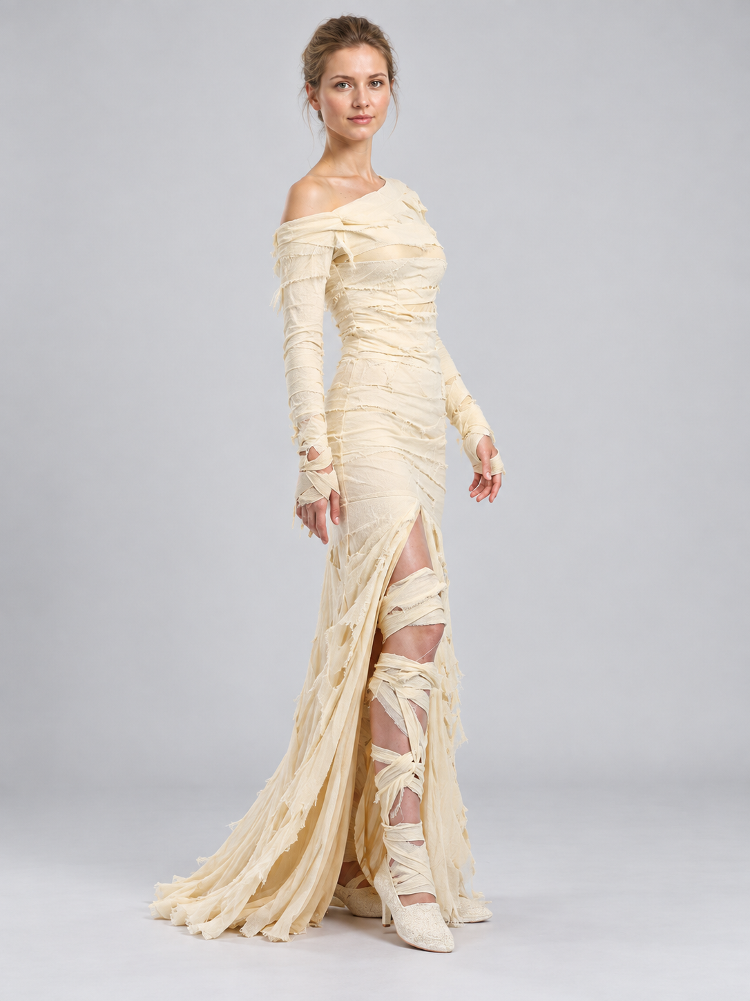 Cream Mummy Costume with Slit and Train side view
