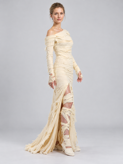 Cream Mummy Costume with Slit and Train side view