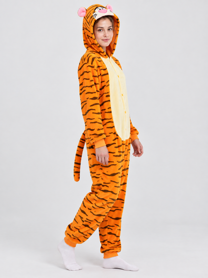 Orange Striped Hooded Pajama Jumpsuit with Ears