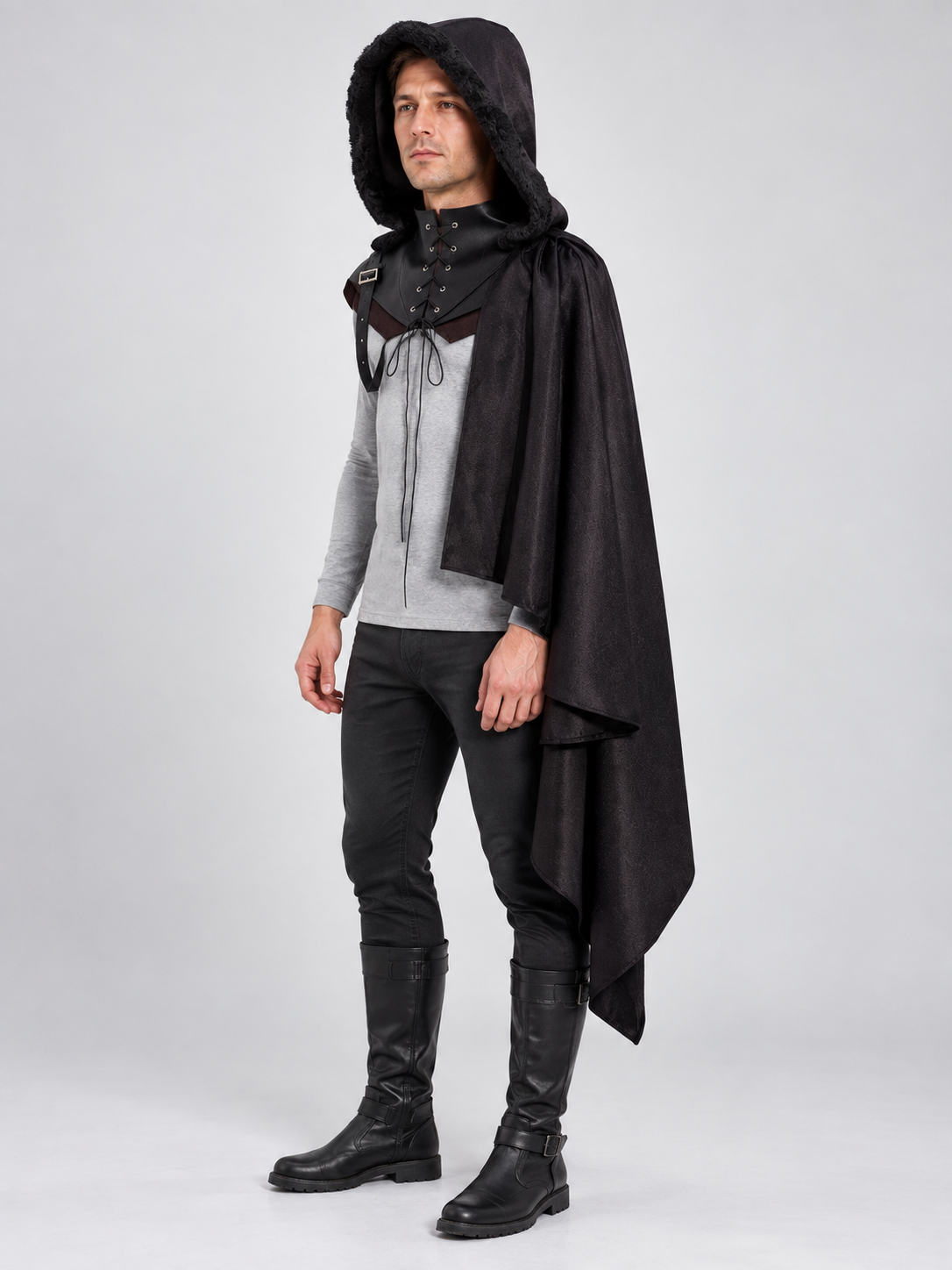 Black Medieval Hooded Cloak, with Fur, Lacing