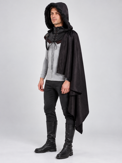 Black Medieval Hooded Cloak, with Fur, Lacing