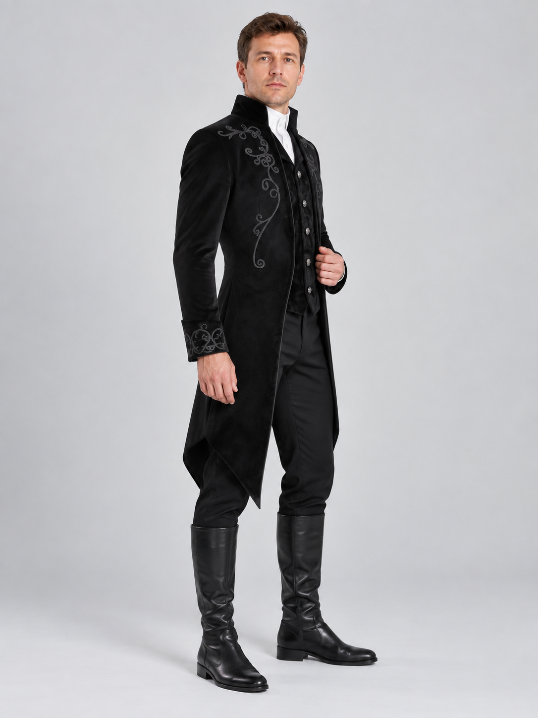 Long Black Tailcoat with High Collar and Embroidery