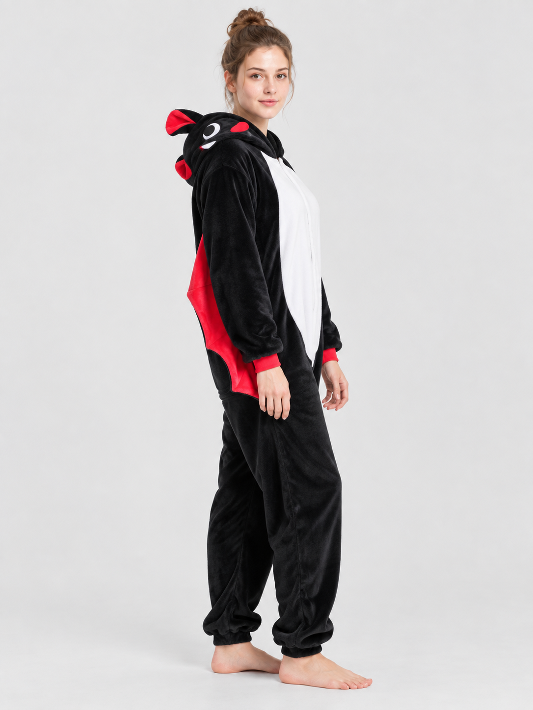 Black Hooded Pajama Jumpsuit with Appliqués