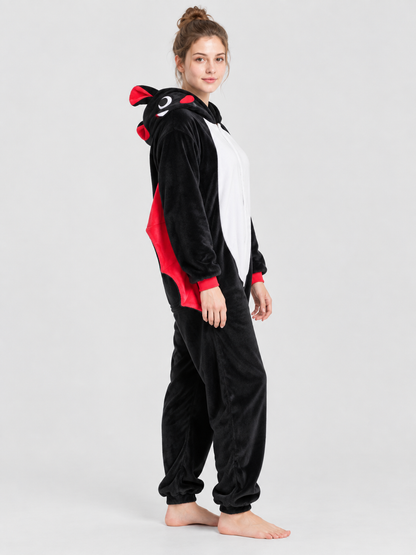 Black Hooded Pajama Jumpsuit with Appliqués