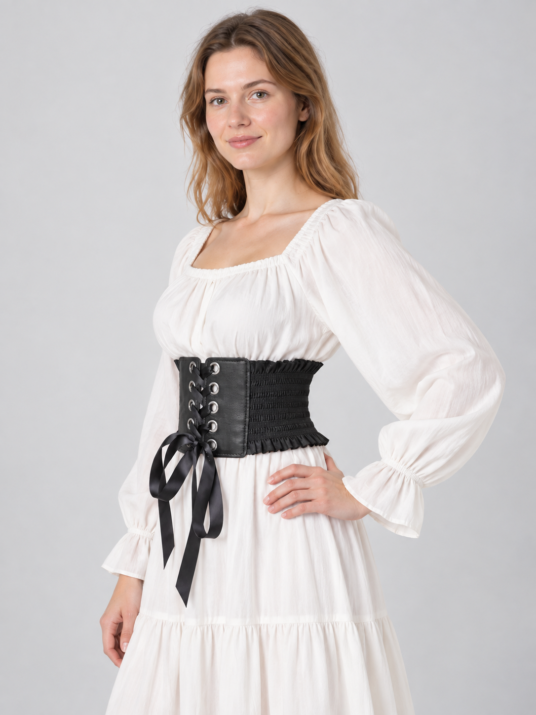 Wide Black Corset Belt with Lacing and Ruffles