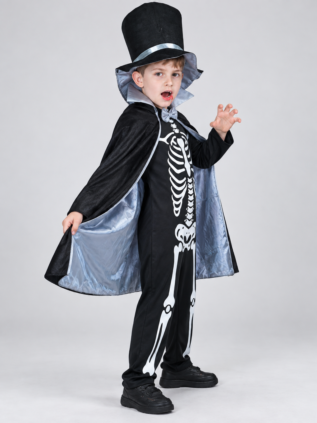 Kids' skeleton carnival costume with cape and top hat