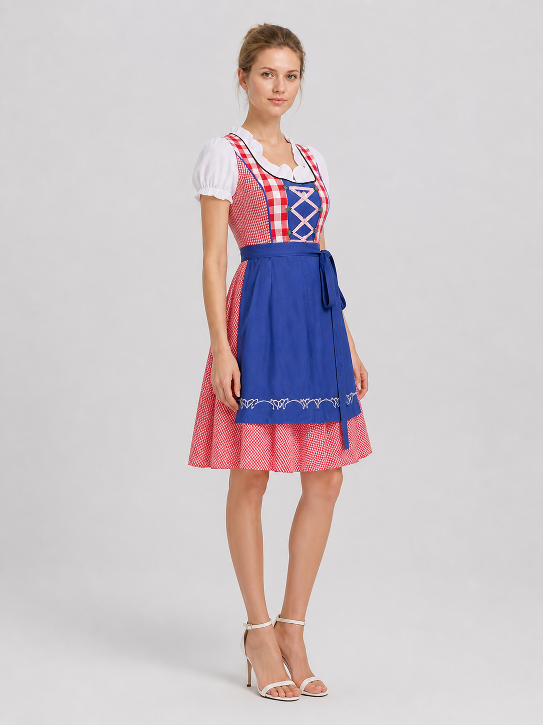 Red and White Plaid Dress with Blue Overlay side view