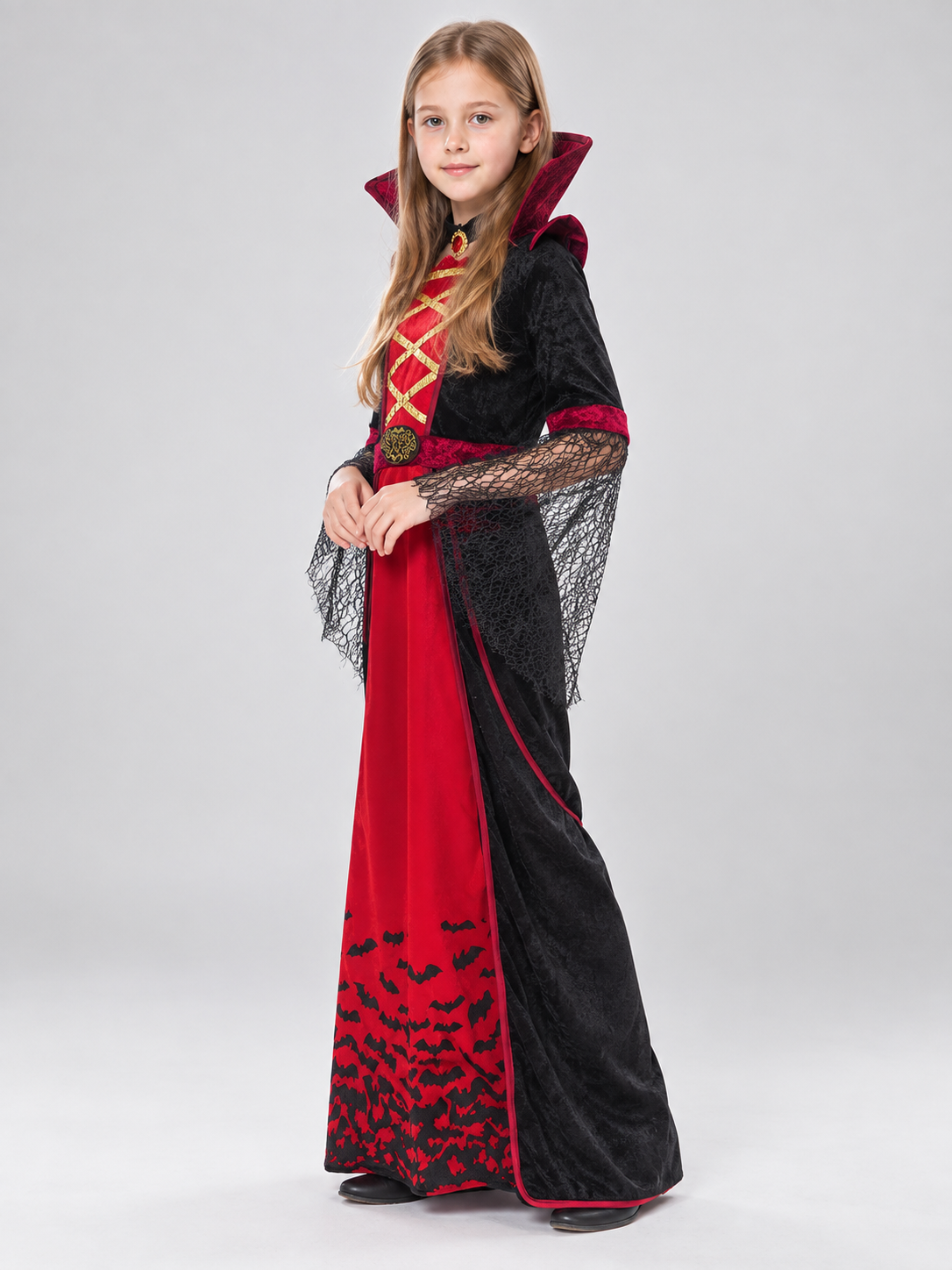 Gothic Carnival Costume with Collar and Medallion side view