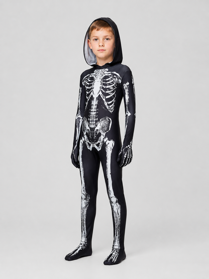 Skeleton Cosplay Jumpsuit with Hood, Black and White side view