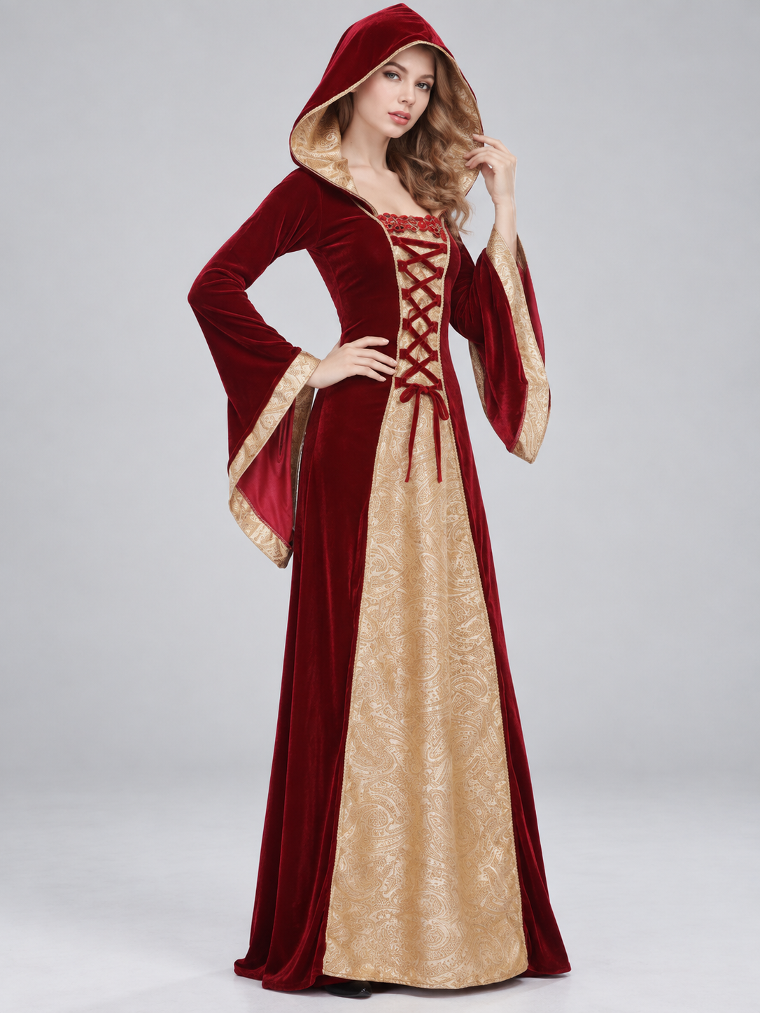 Burgundy Carnival Costume with Hood and Lacing