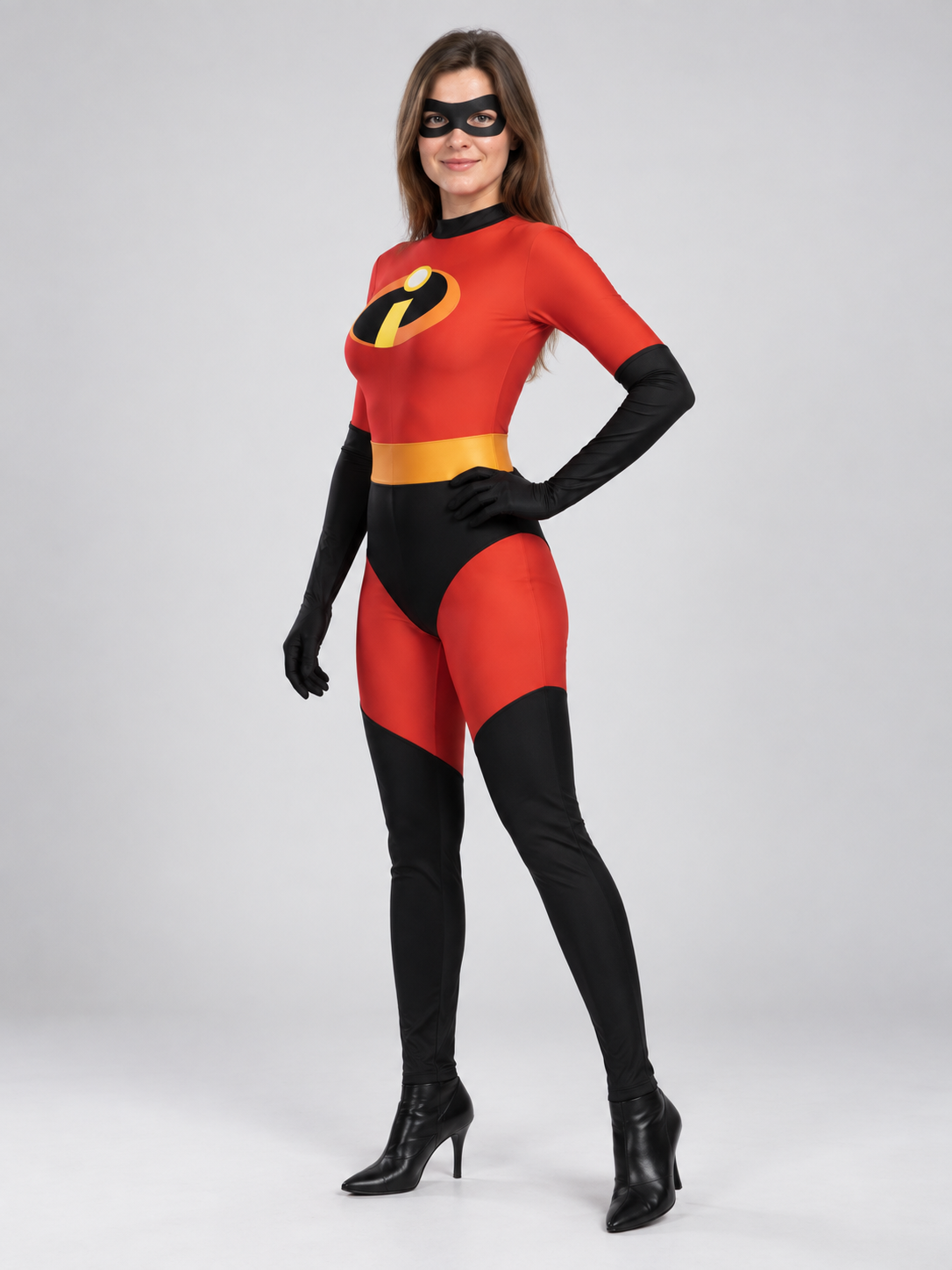 Red and black costume with mask, yellow belt, and emblem