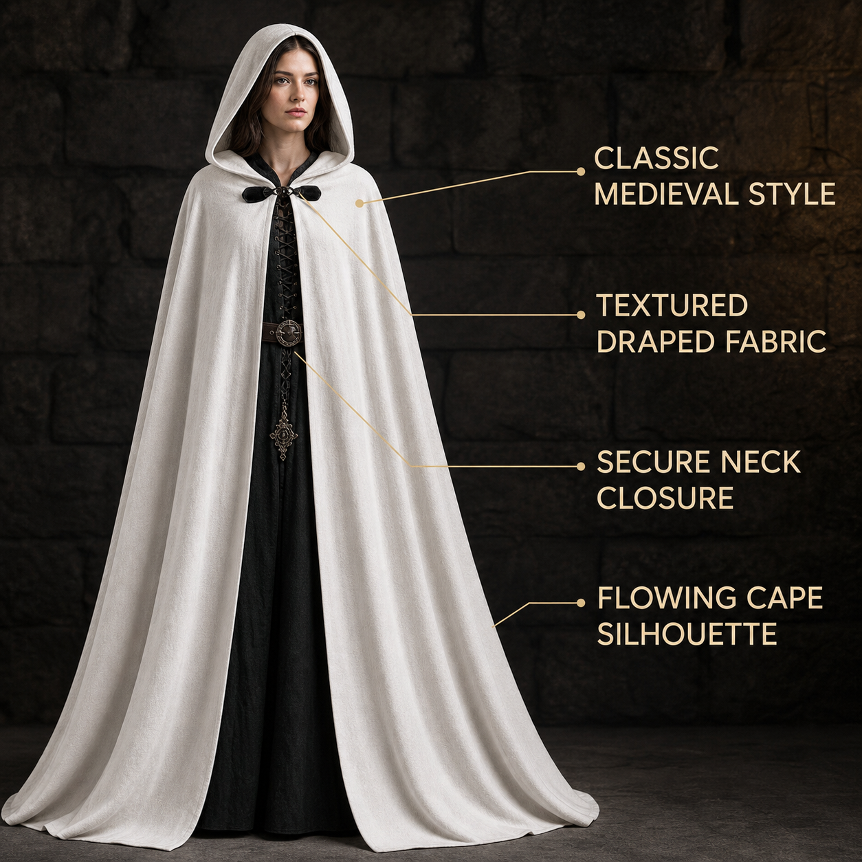 Medieval White Velvet Hooded Long Cloak Cape with Black Bow Tie Front Flared Hem side view 6