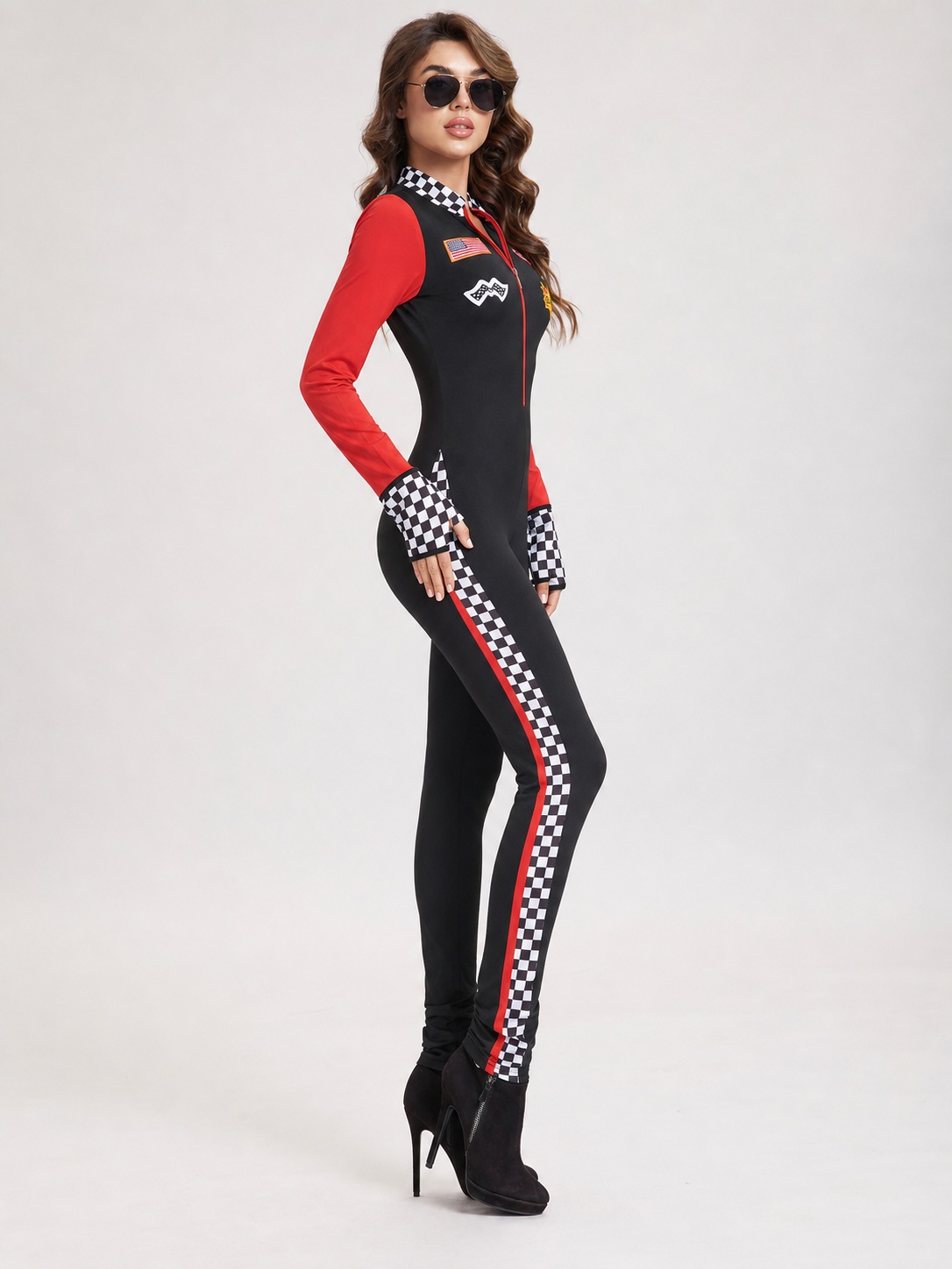 Racing jumpsuit with checkered panels and patches
