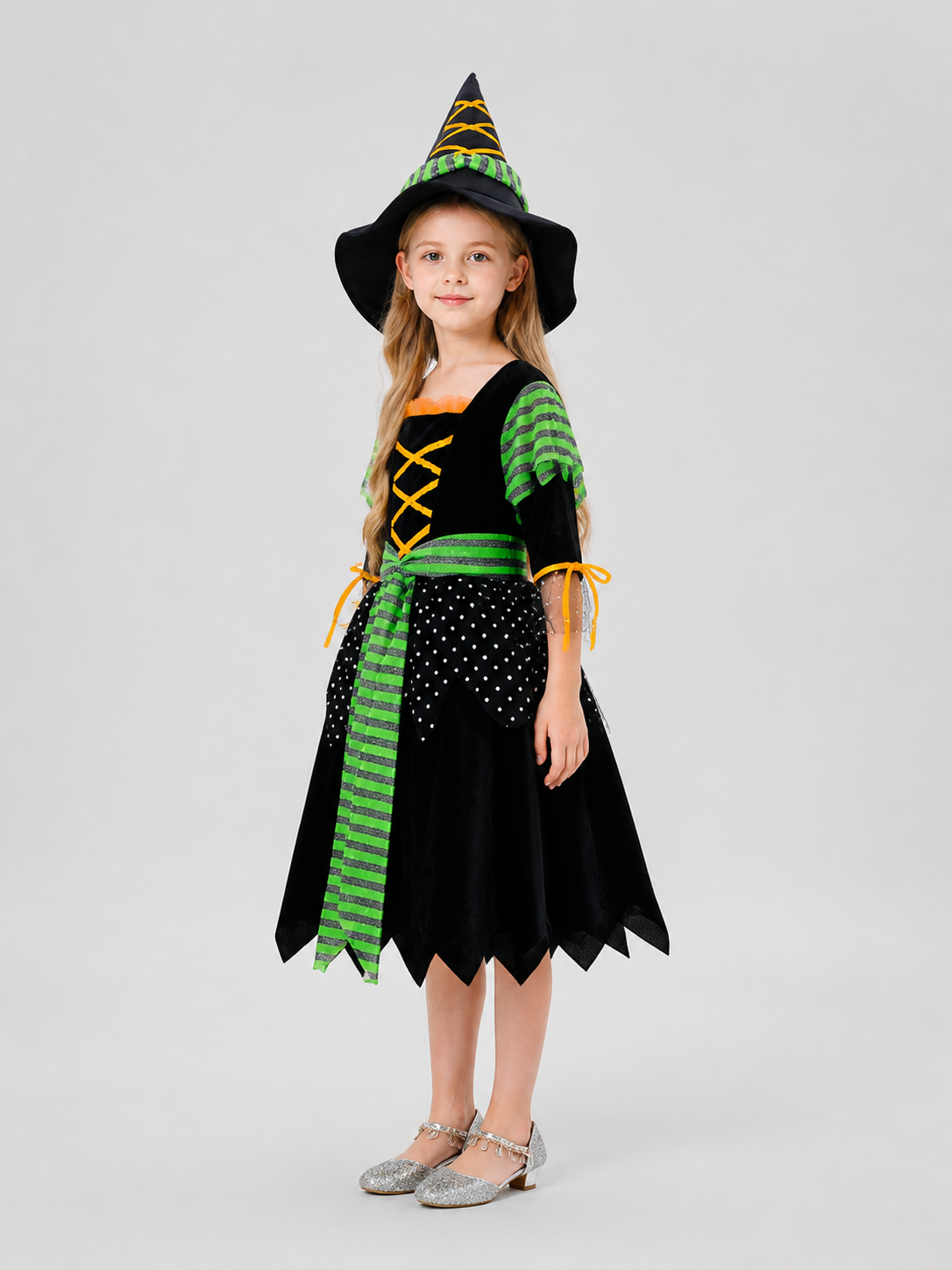 Witch Costume with Pointed Hat and Striped Dress side view