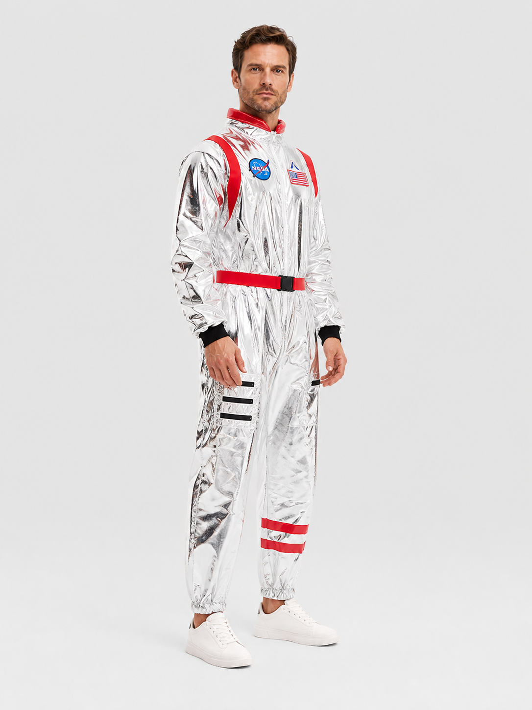 Astronaut Costume, Silver Jumpsuit with Patches side view