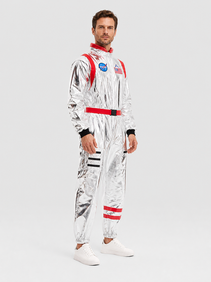 Astronaut Costume, Silver Jumpsuit with Patches side view