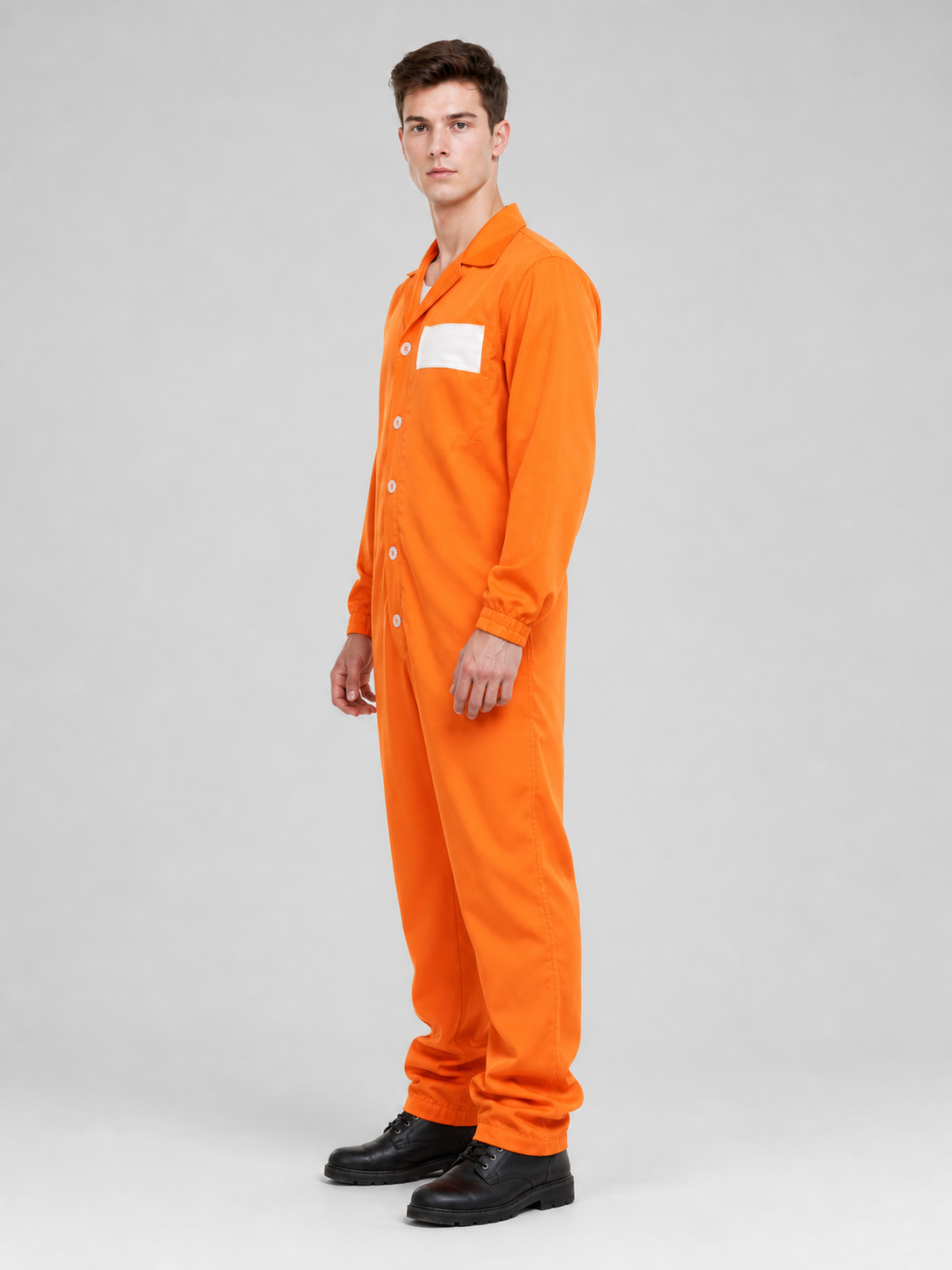 Adult Orange Prisoner-Style Costume Jumpsuit, Long Sleeve One-Piece Uniform with Pointed Collar, Front Buttons and Chest Patch for Costume Parties