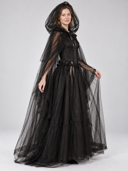 Black Vampire Costume with Veil and Sleeves
