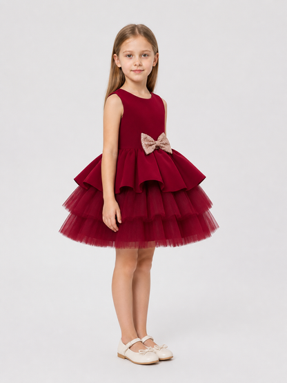 Children's Burgundy Princess Dress with Full Skirt and Bow side view