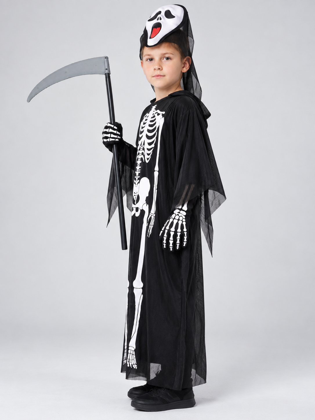 Skeleton costume with robe, mask, and gloves