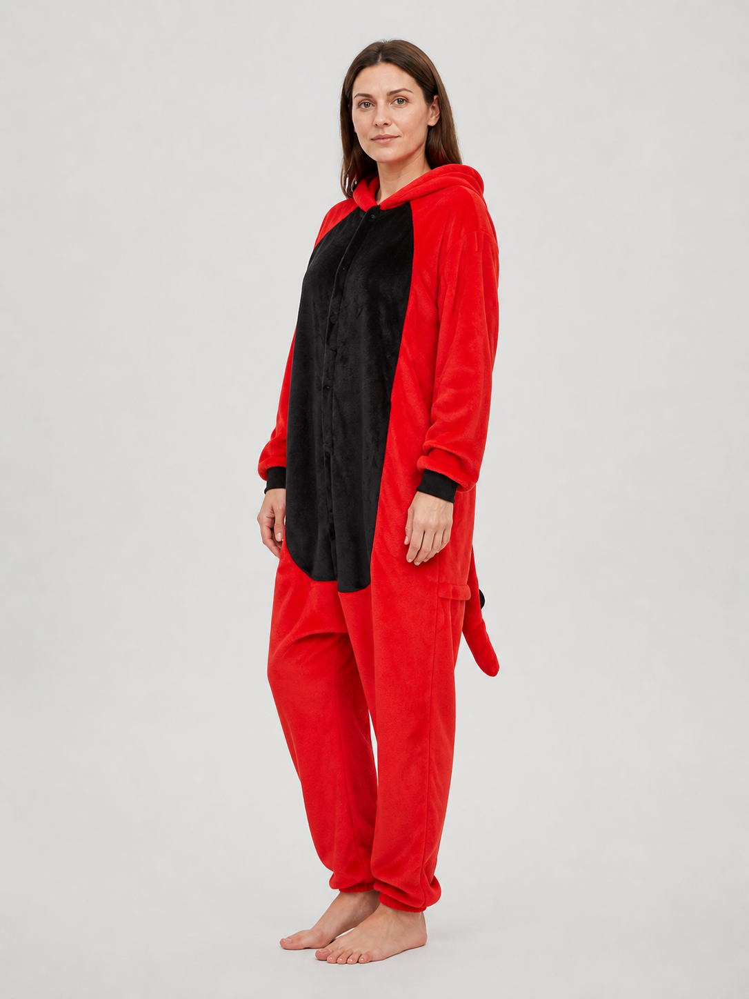 Hooded Red-and-Black Flannel Pajama Jumpsuit side view