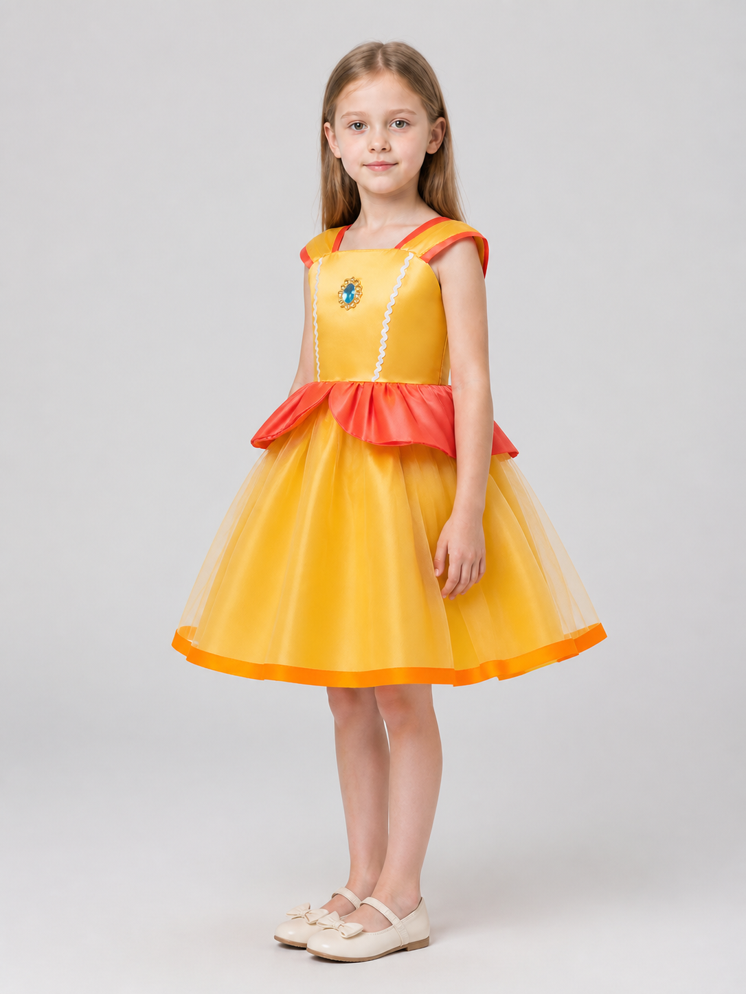 Yellow Princess Dress with Full Skirt and Brooch side view