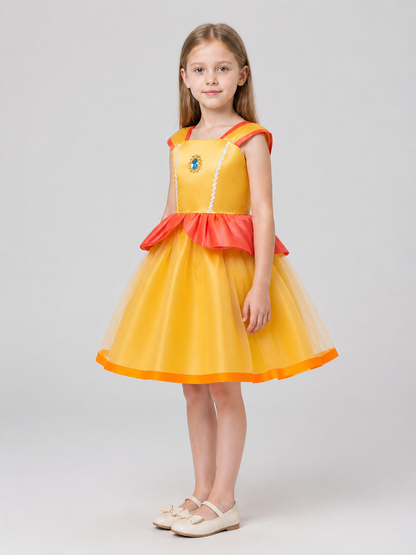 Yellow Princess Dress with Full Skirt and Brooch side view