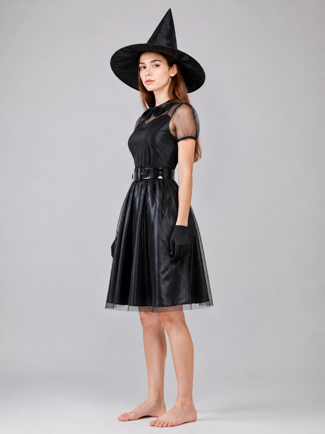 Witch Costume with Dress, Hat, and Gloves side view