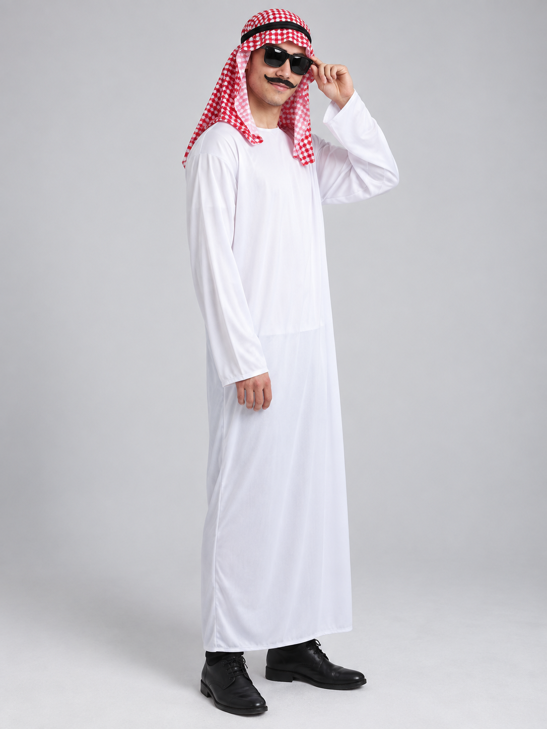 White carnival costume with plaid scarf and mustache